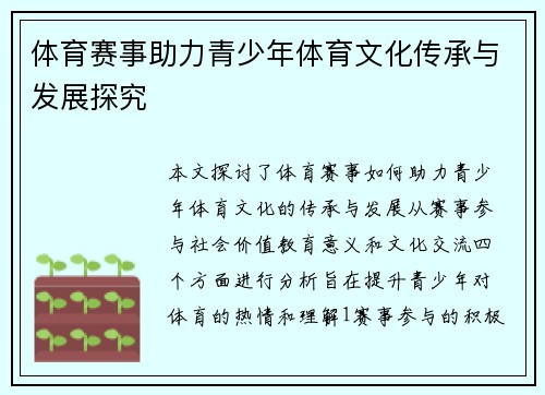 体育赛事助力青少年体育文化传承与发展探究