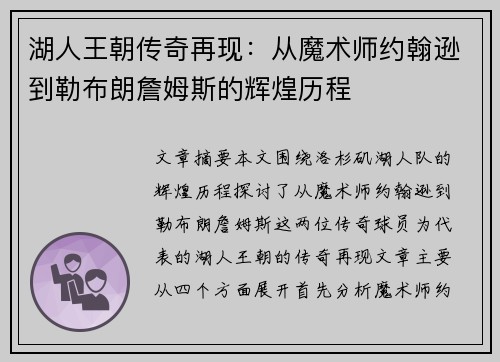 湖人王朝传奇再现：从魔术师约翰逊到勒布朗詹姆斯的辉煌历程